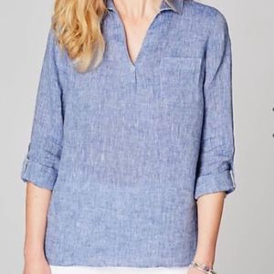 J. Jill Linen Tab-Sleeve Pullover Shirt Blue Ridge